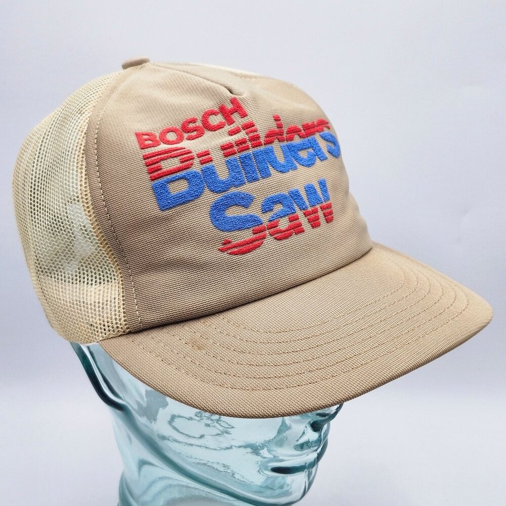 Vintage Bosch Builders Saw Mesh Trucker Hat Adjustable Snapback Beige with Red &